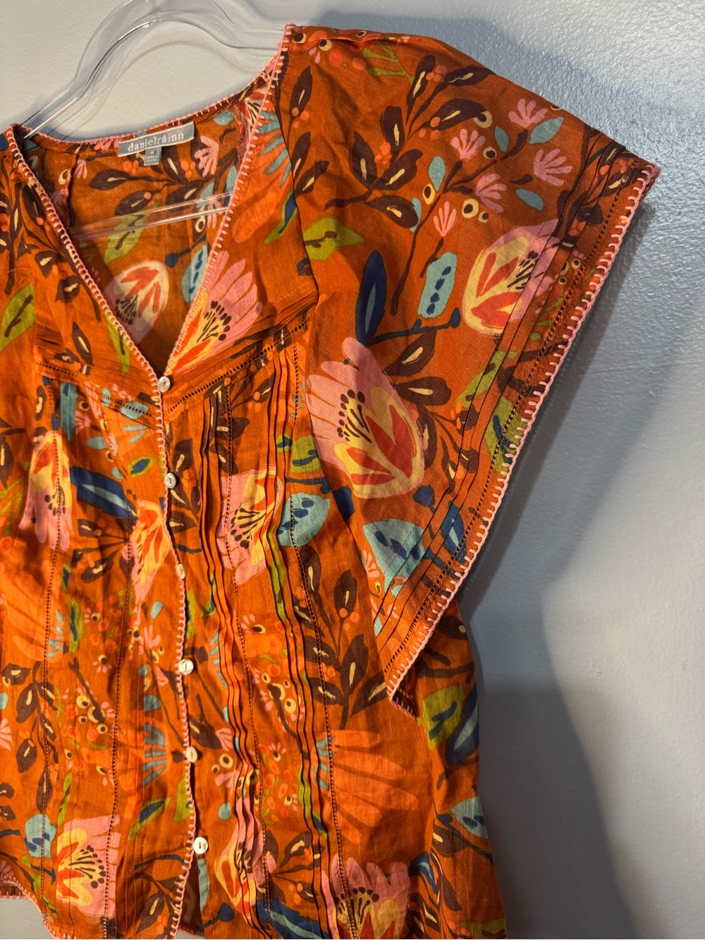 Daniel Rainn Orange Floral Linen Cotton Button-Front Blouse Flutter Sleeve Med - Picture 4 of 10